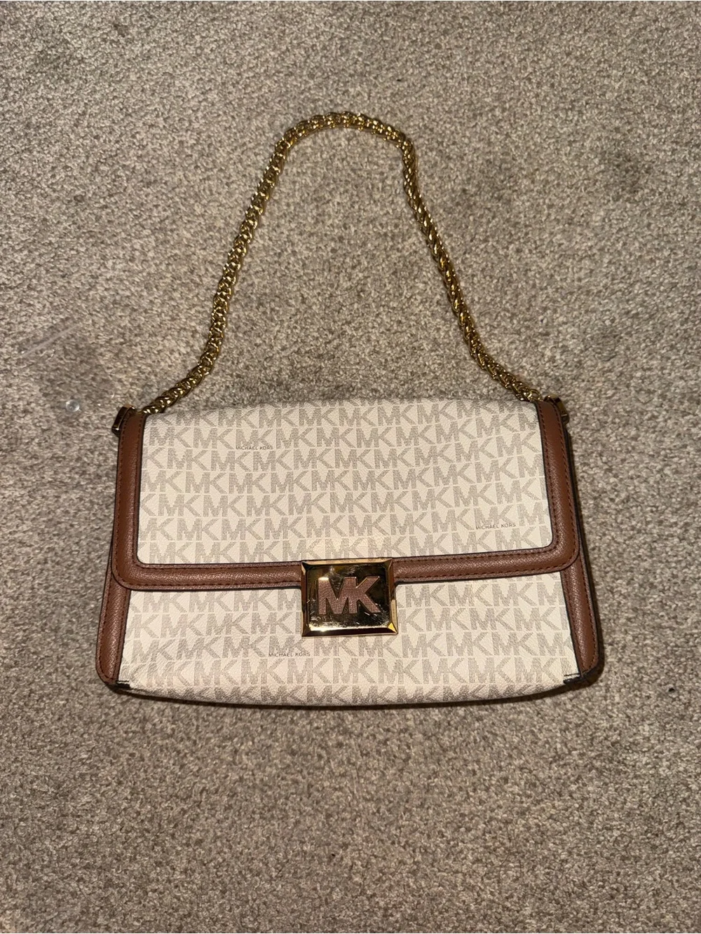Michael Kors Cream Signature Shoulder Bag with Brown Trim and Gold Chain